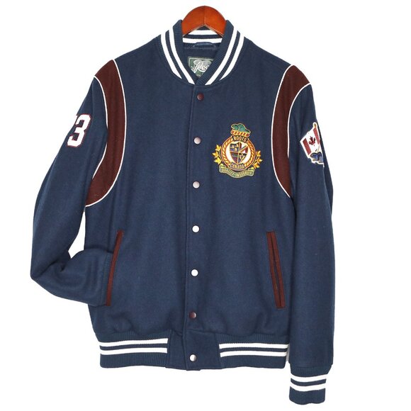 Roots Canada Wool Blend Varsity Jacket Navy Blue & Maroon Patches Mens Classic - Picture 4 of 14